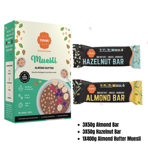 {{ almond butter }} - {{ 9GRAMS }} {{ Muesli }} - {{ 9GRAMS }}