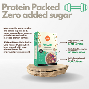 {{ almond butter }} - {{ 9GRAMS }} {{ Muesli }} - {{ 9GRAMS }}
